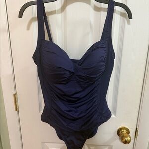 Liz Claiborne One Piece Swimsuit Molded Cups Ruched Front Size 12 Navy Blue